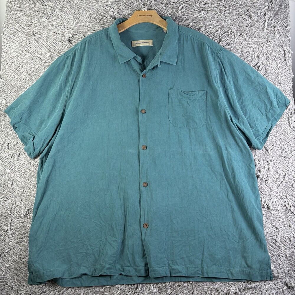 Tommy Bahama Silk Shirt Mens 3XL Turquoise Blue Short Sleeve Resort Wear Beach